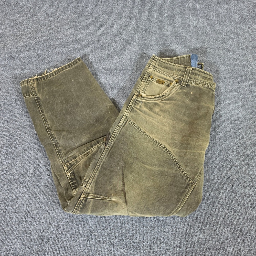 Kuhl Mens Distressed Canvas Pants Green Articulated Knee Tag 33x32 Actual 34x30